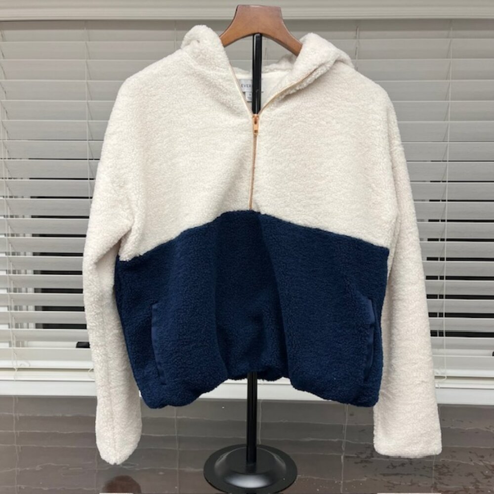 Evereve Reese Sherpa Quarter Zip Jacket Pullover Size S Ivory/Navy